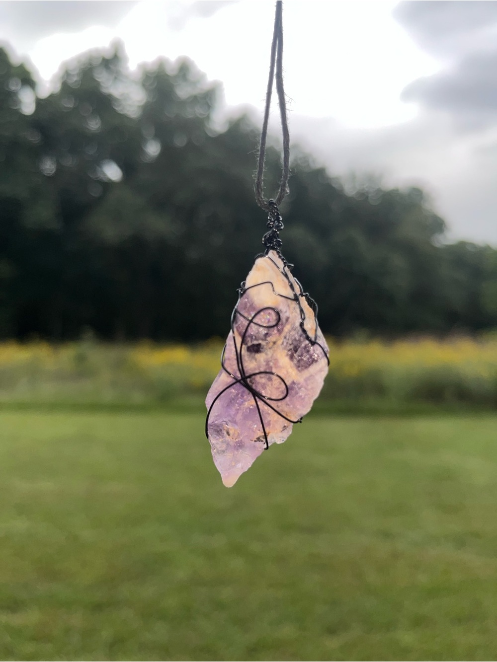 Hand Crafted Purple and Cream Amethyst Wire-Wrap Pendant Necklace